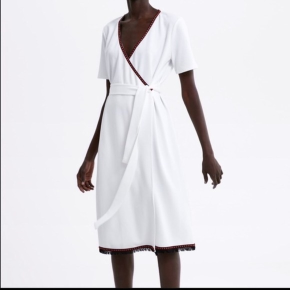 Zara White Wrap Short Sleeve Dress With Contrast Trim Size S - Picture 1 of 17